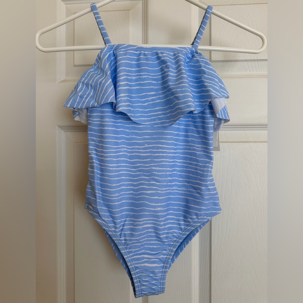 NWT Raisins Girls Blue Striped Ruffle Swimsuit Sz 7